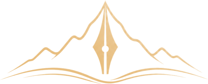 Zagros emblem: mountains, a fountain-pen nib, and an open book